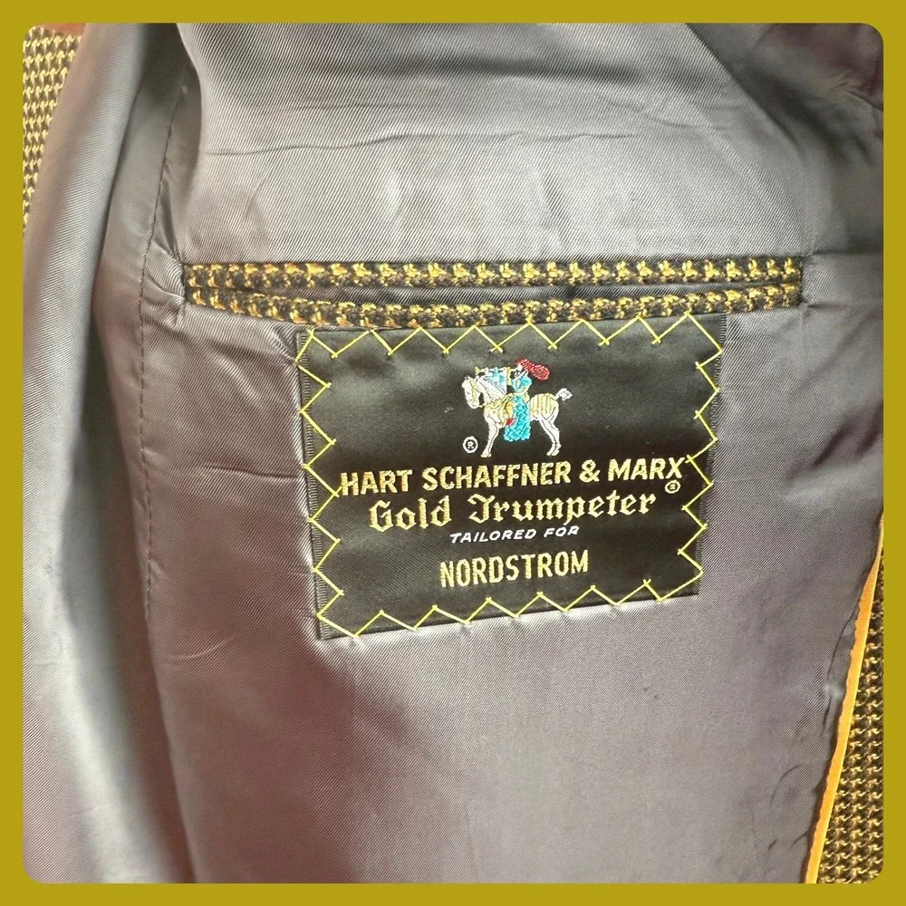 Vintage Hart Schaffner Marx Gold‎ Trumpeter Sport Coat Blazer Green Houndstooth